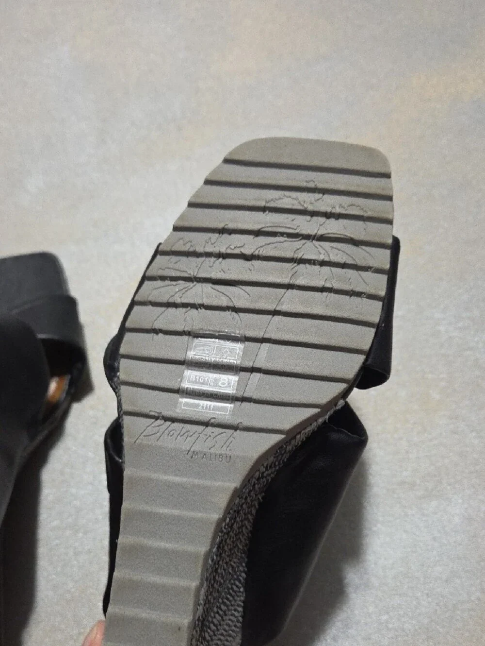 Blowfish Black Crossband Wedge Slides with Patterned Espadrille Heel
